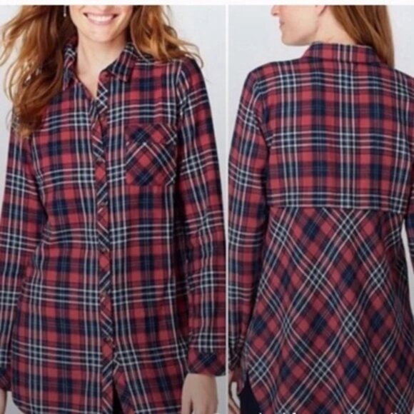 J. Jill denim Red 7 Blue Plaid Button Front Long Sleeve Tunic Shirt Size L - Picture 2 of 11